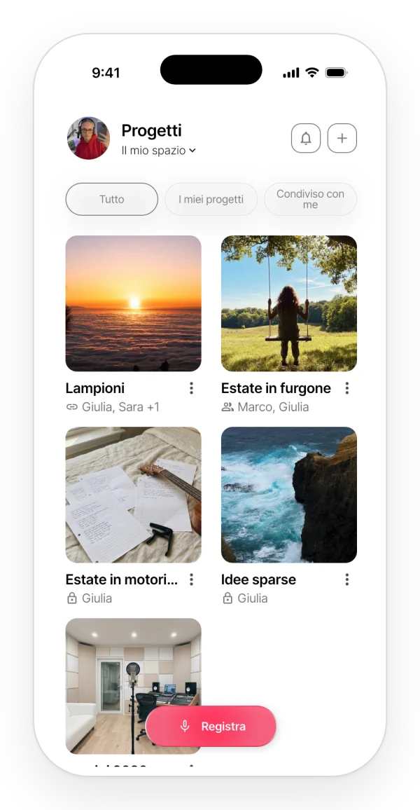 La schermata dei progetti dell'app su due colonne, con copertina, nome e partecipanti di ciascun progetto.