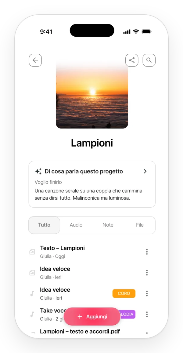 La scheda con tutti i contenuti di un progetto nell'app: testo, note, audio e il PDF insieme in un'unica lista.