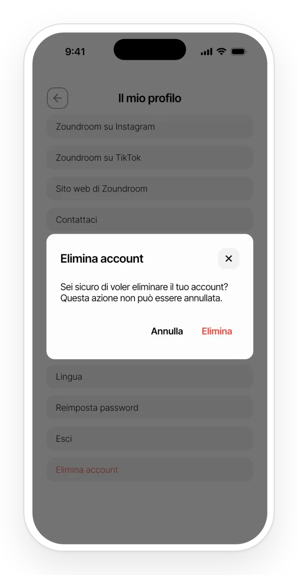 Conferma per eliminare l'account dal profilo dell'app, con le opzioni annulla o elimina.