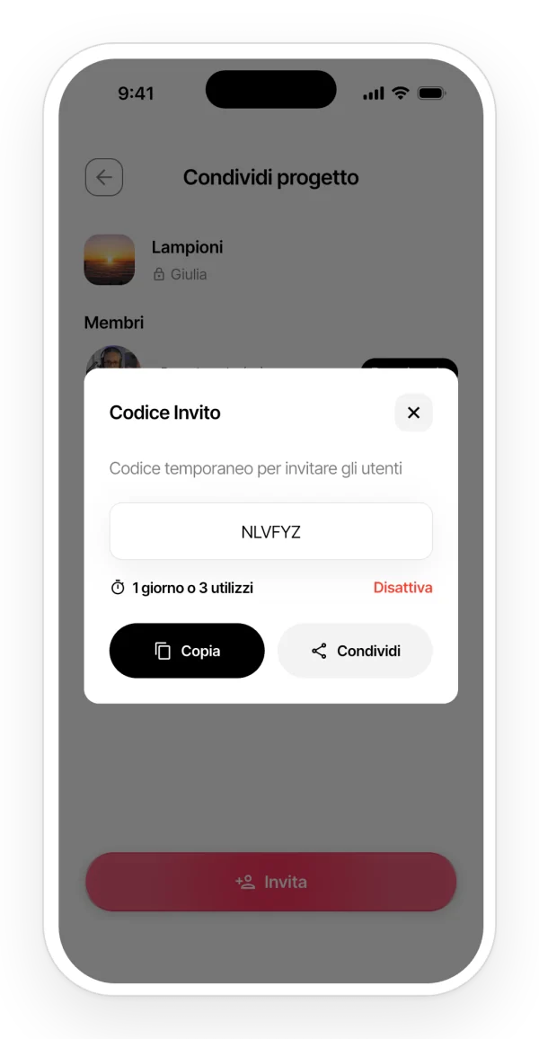 Un codice di invito a un progetto, valido per un giorno o per un numero di utilizzi, con i pulsanti per copiarlo o condividerlo.