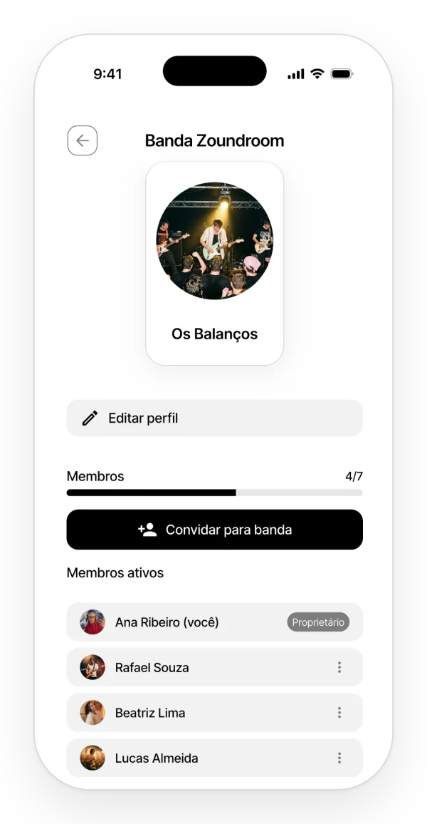 Gestão da banda: imagem e nome, 4 de 7 membros, o botão para convidar para a Band e a lista de membros ativos.