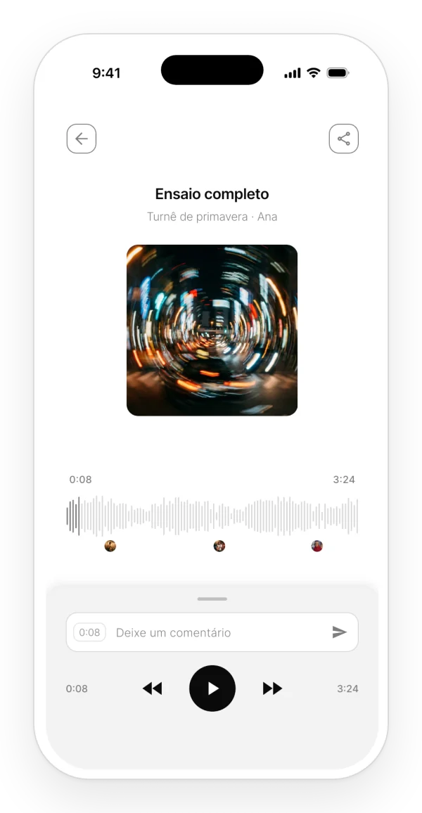 Player de um ensaio da banda: capa, marcações dos comentários sob a forma de onda e o campo para comentar naquele segundo.