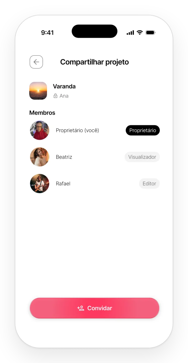 Tela para compartilhar um projeto: a dona e dois colaboradores com seus papéis, e o botão para convidar.