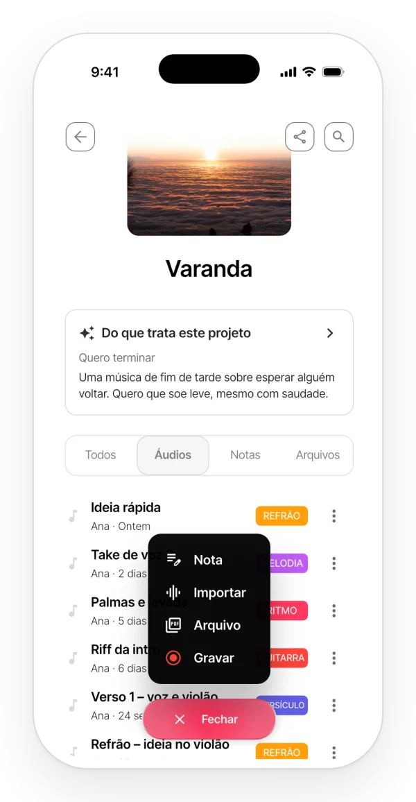 O menu para adicionar conteúdo a um projeto no app: criar uma nota, importar um áudio, enviar um arquivo ou gravar.