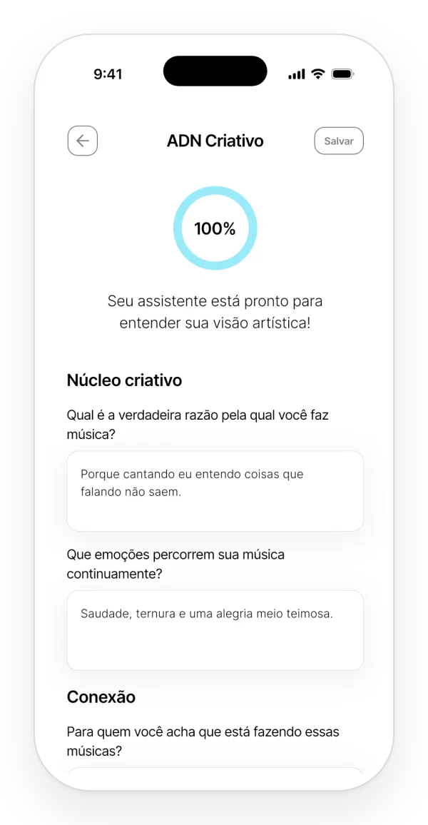 DNA criativo 100% preenchido: suas respostas sobre como e por que você escreve, que o Auralis leva em conta.