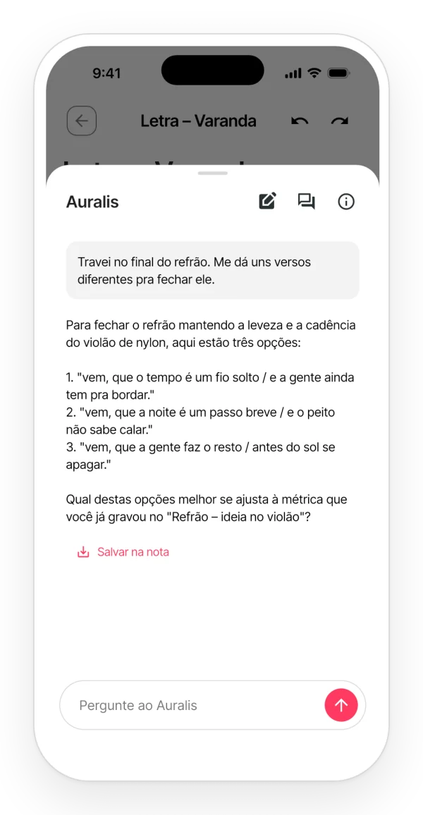 Uma conversa com Auralis no app: um pedido para destravar a letra e versos alternativos como resposta.
