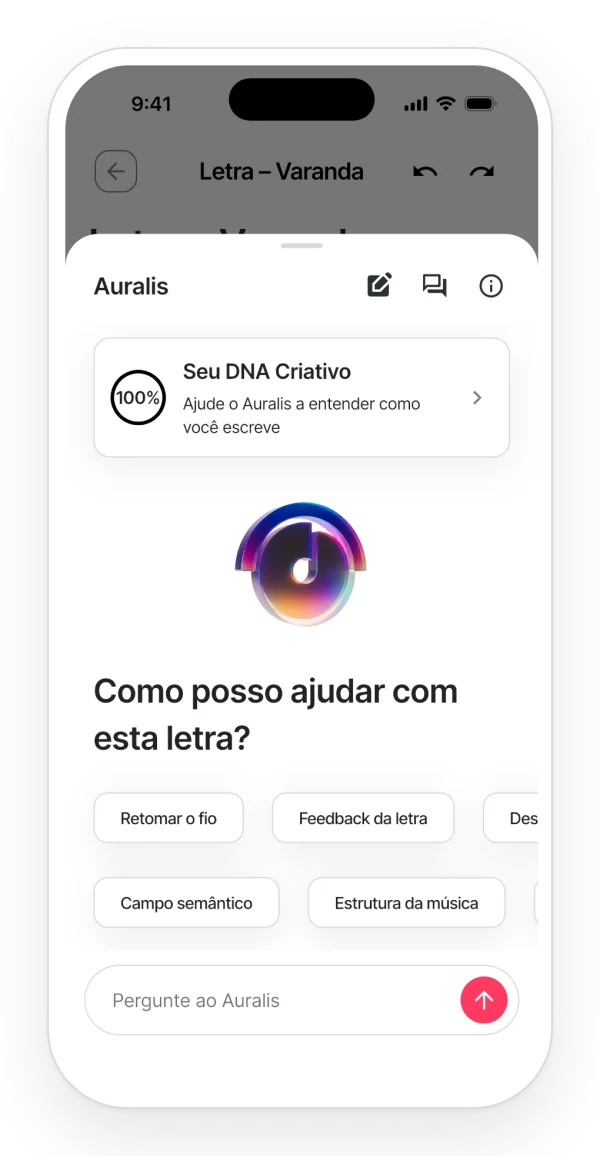 Auralis aberto em uma nota: o DNA criativo e sugestões para começar, como retomar o fio ou pedir feedback da letra.