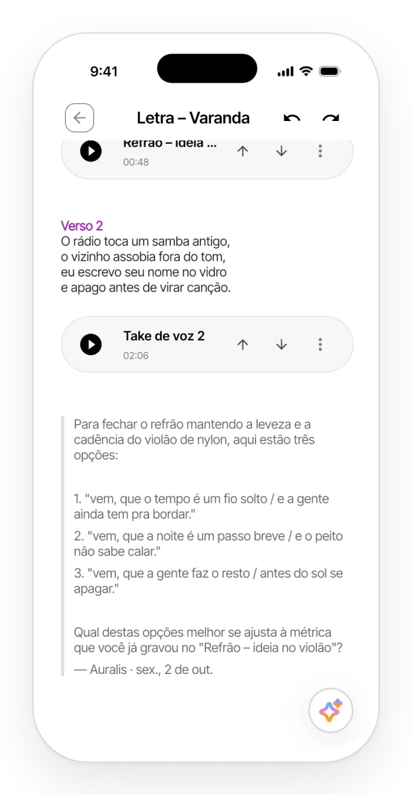 Uma nota com uma resposta do Auralis salva como citação no fim da letra.