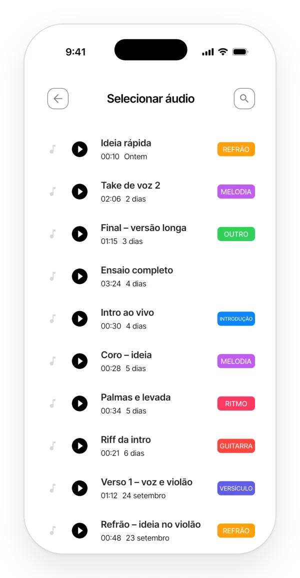 Lista para escolher um áudio do projeto e inseri-lo na nota, com busca e filtro por etiqueta.