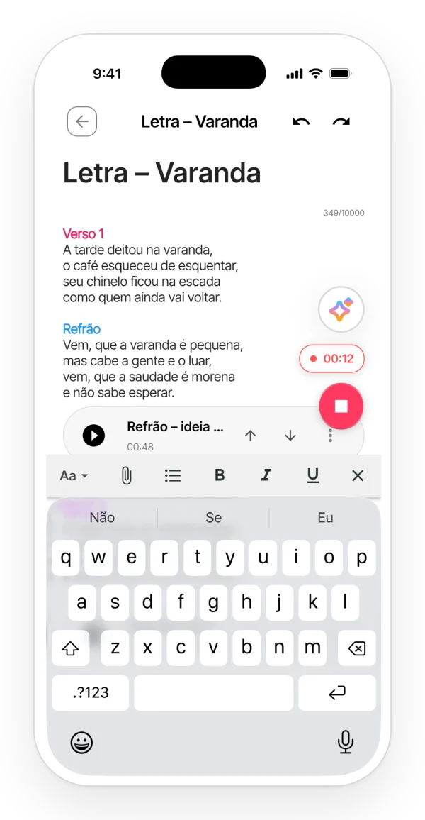 Gravando um take de dentro de uma nota: indicador vermelho com o tempo de gravação sobre a letra.