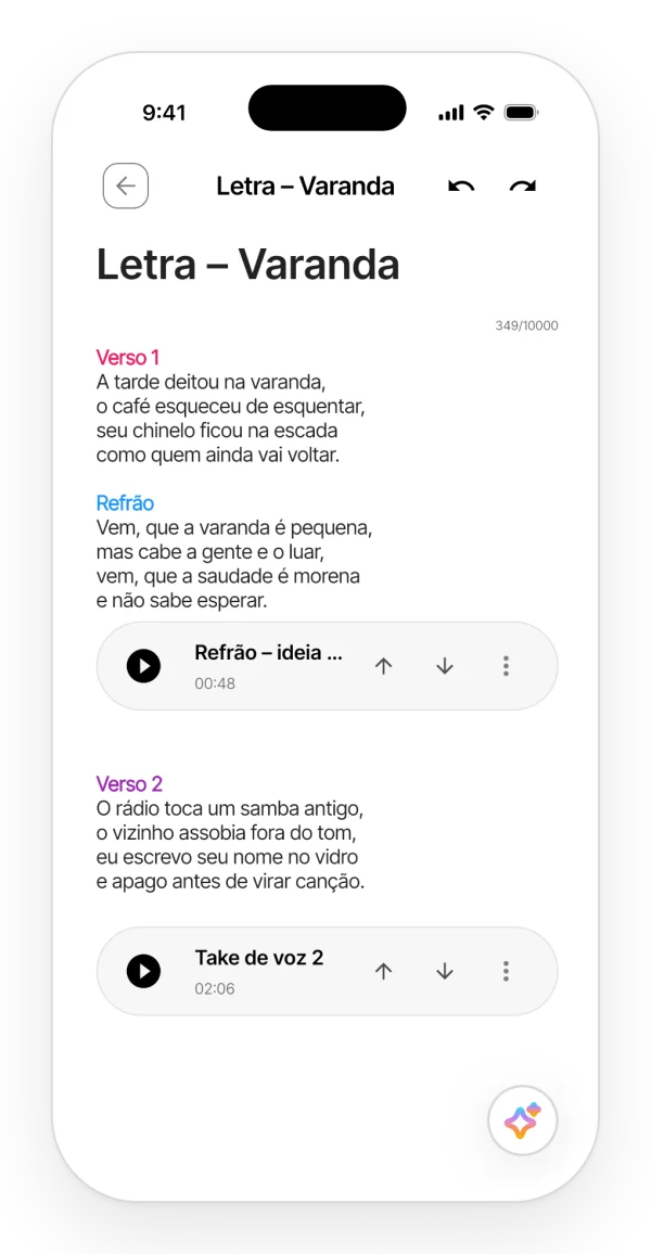 Uma nota com a letra de uma música no app, com as seções em cores e um take de áudio inserido abaixo do refrão.