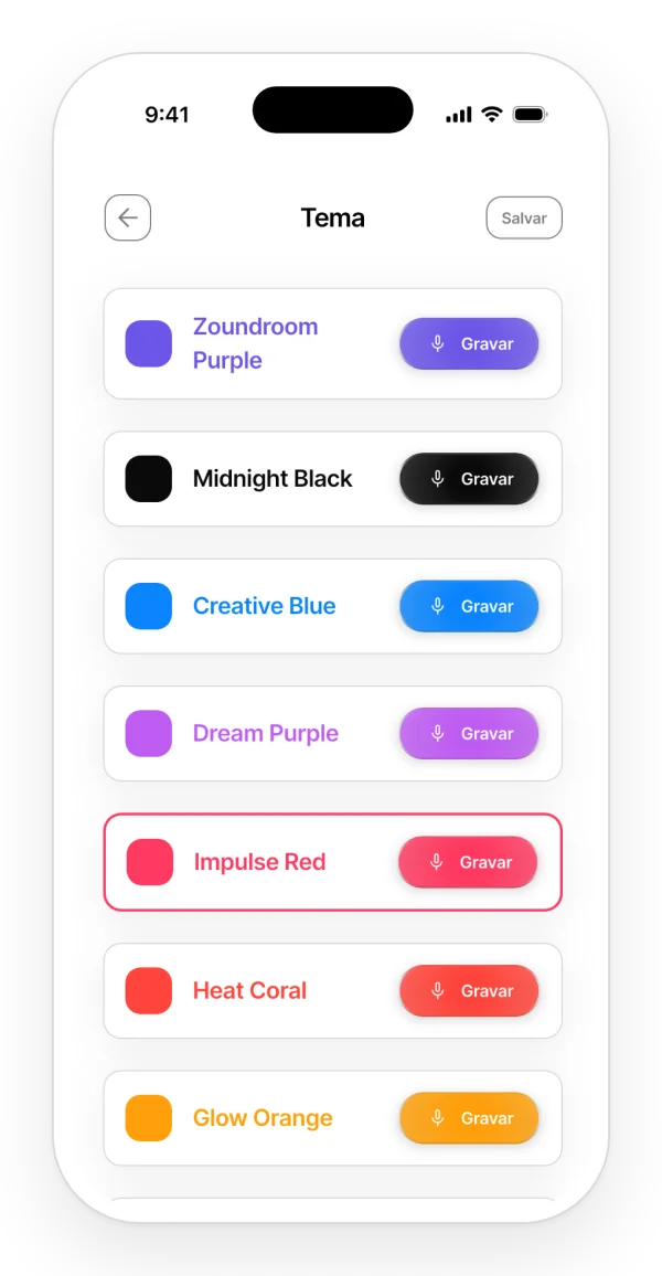 Tela para escolher a cor do tema do app, com o vermelho selecionado.