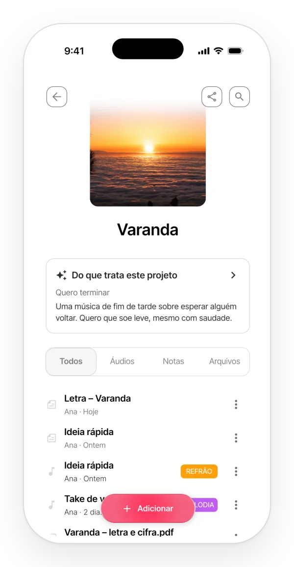 A aba com todo o conteúdo de um projeto no app: letra, notas, áudios e o PDF juntos em uma única lista.