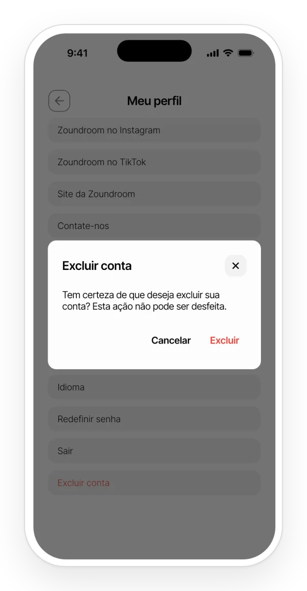 Confirmação para excluir a conta pelo perfil do app, com as opções de cancelar ou excluir.