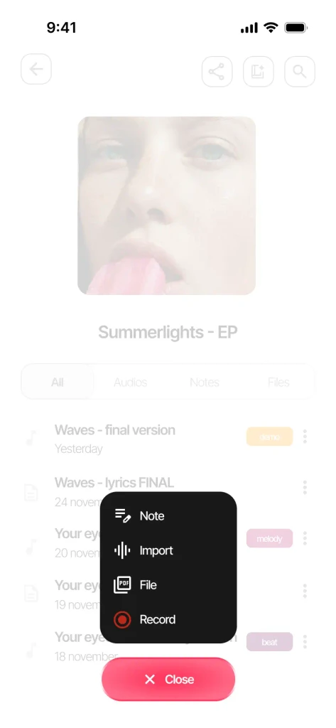 Options to add content in Zoundroom: note, import audio, import PDF and record audio
