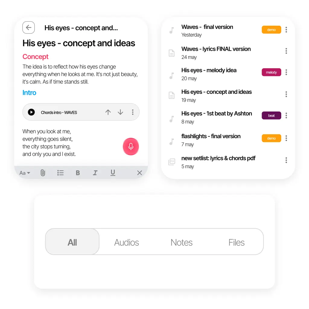 Note with song lyrics and tagged audio files in Zoundroom
