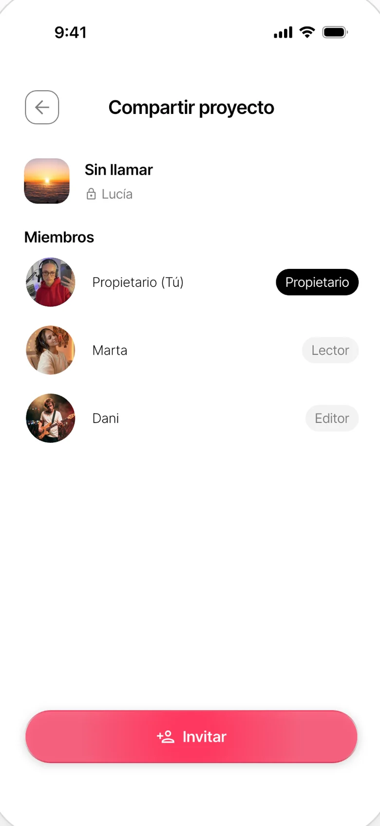 Pantalla para compartir un proyecto: la propietaria y dos colaboradores con su rol, y el botón para invitar.