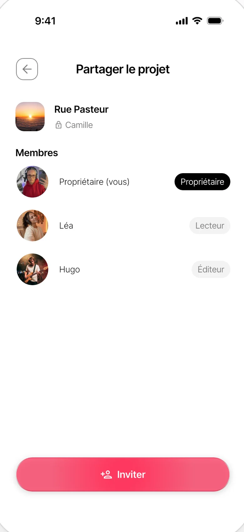 Partager un projet : la propriétaire et deux collaborateurs avec leur rôle, et le bouton pour inviter.