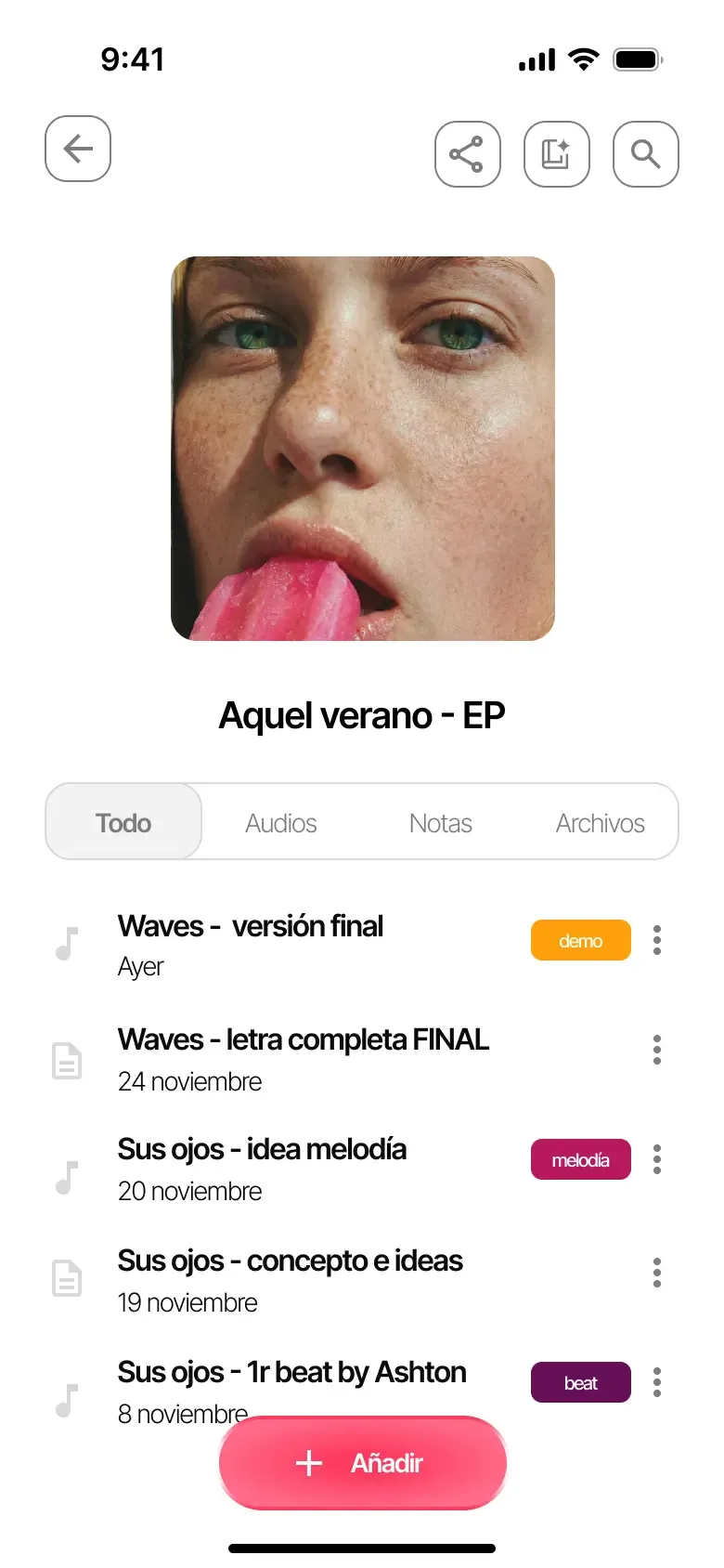 Opciones para añadir contenido en Zoundroom: nota, importar audio, importar PDF y grabar audio
