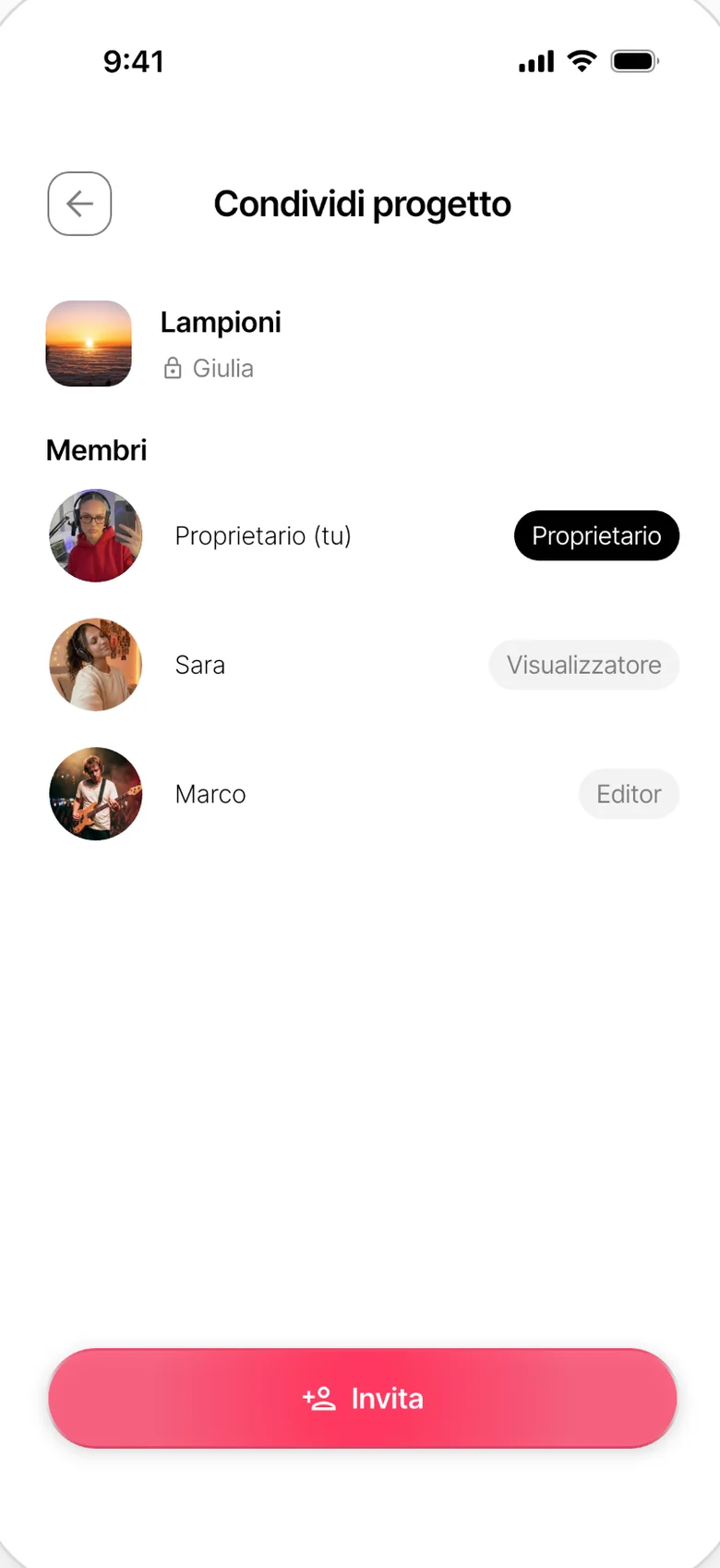 Condividere un progetto: la proprietaria e due collaboratori con il loro ruolo, e il pulsante per invitare.