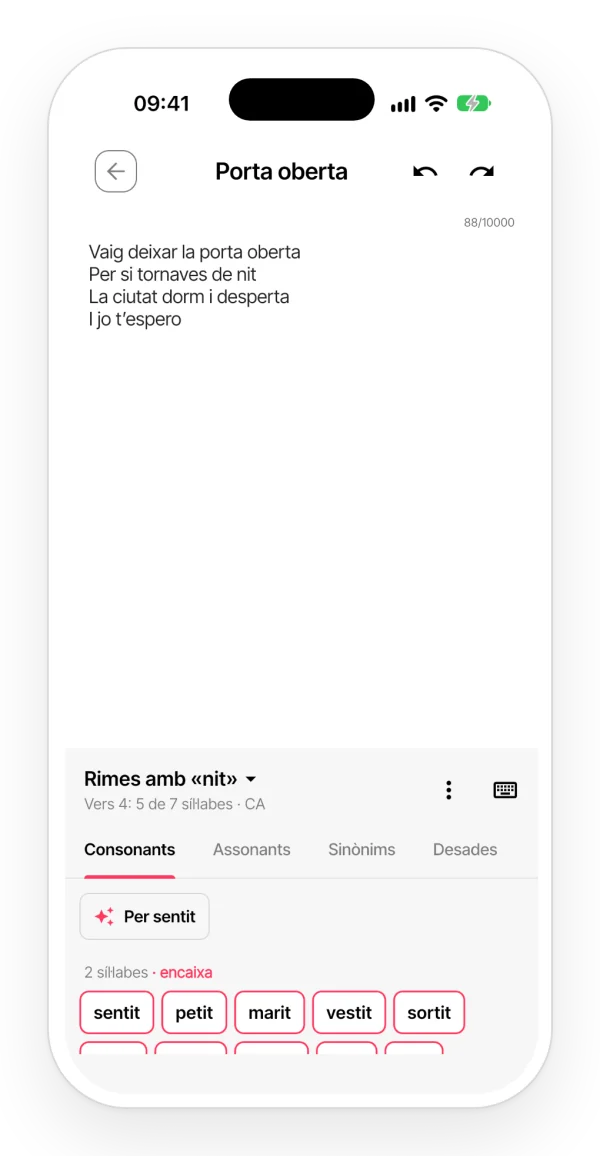 Panell de rimes de l’app al lloc del teclat: rimes consonants agrupades per síl·labes, les que encaixen en el vers marcades i el recompte de síl·labes del vers.