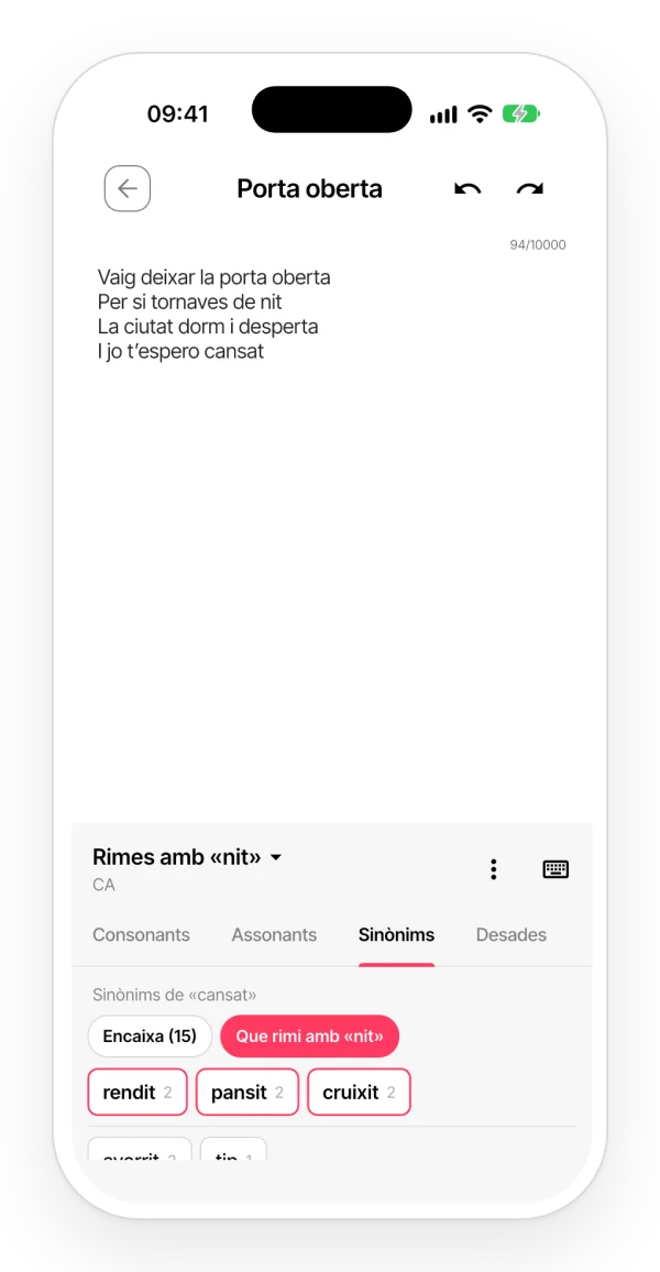 Pestanya Sinònims del panell de rimes, amb el filtre que mostra només els sinònims que rimen amb el vers parell.