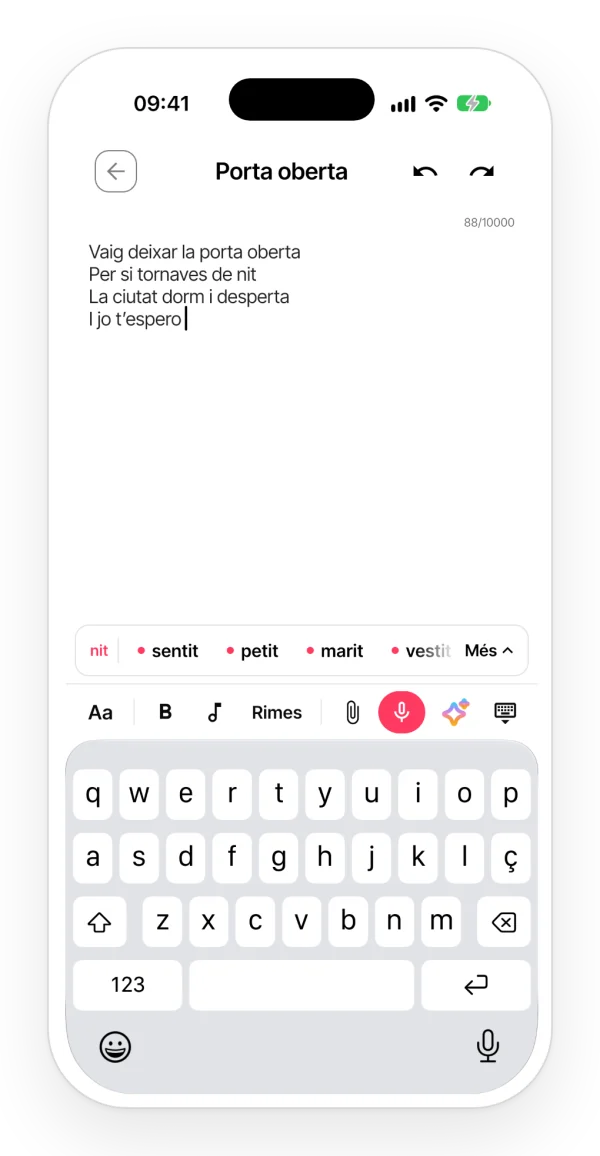 Una lletra escrivint-se a l’app, amb la fila de rimes damunt del teclat: paraules que rimen amb el vers parell i un punt a les que encaixen en la mètrica.