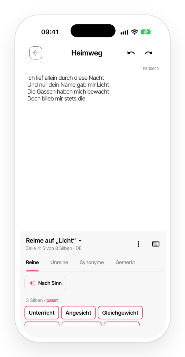 Das Reime-Panel der App anstelle der Tastatur: Reime nach Silben gruppiert, die passenden markiert, und die Silbenzahl der Zeile.