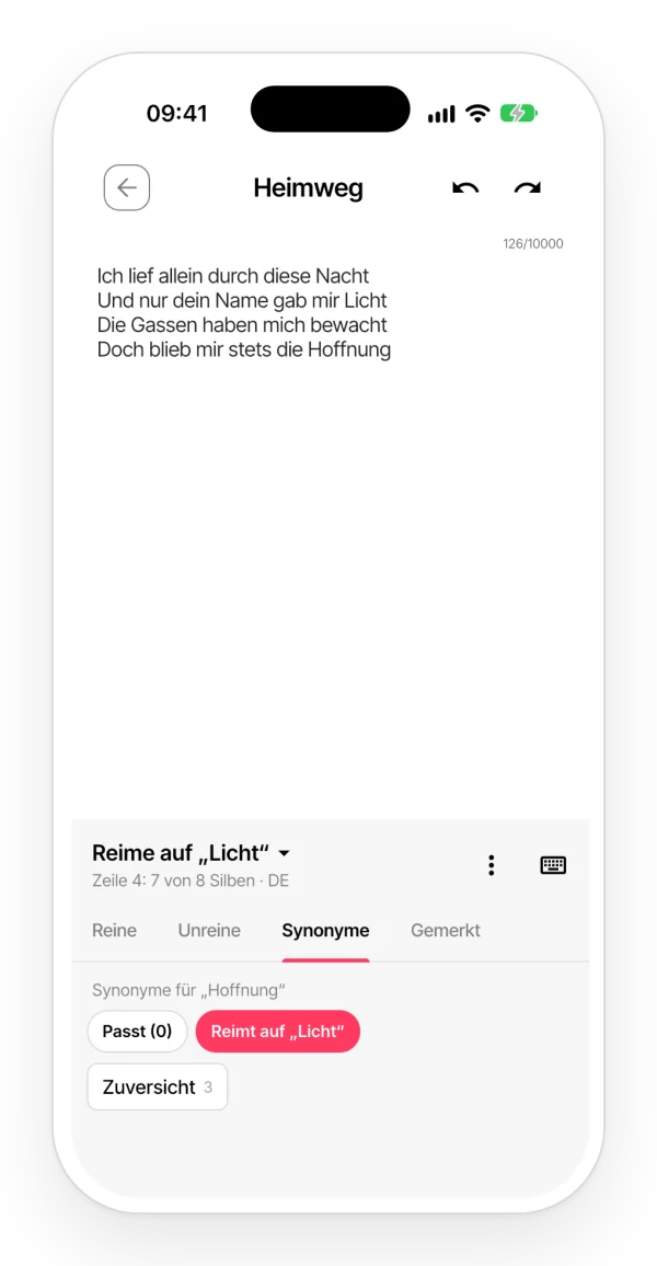 Der Tab Synonyme im Reime-Panel, mit dem Filter, der nur die Synonyme zeigt, die sich auf die Partnerzeile reimen.