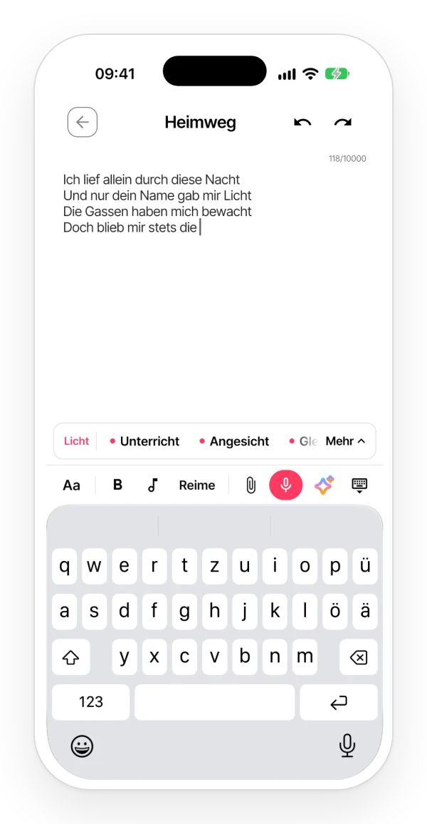 Ein Songtext wird in der App geschrieben, darüber die Reimleiste über der Tastatur: Wörter, die sich auf die passende Zeile reimen, mit einem Punkt bei denen, die ins Versmaß passen.