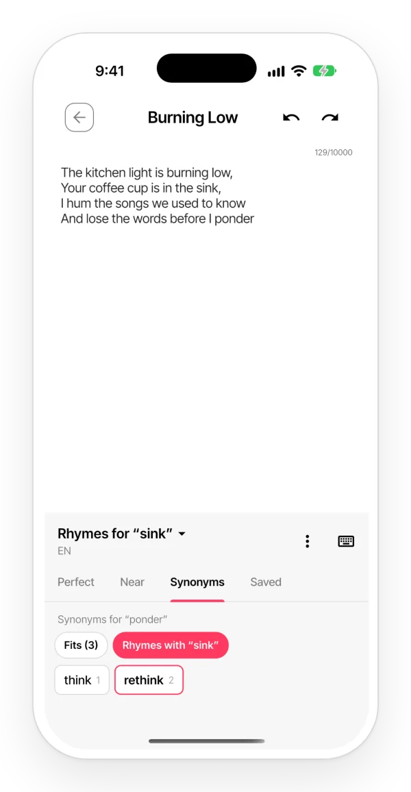 The Synonyms tab of the rhymes panel, filtered to show only the synonyms that also rhyme with the line above.