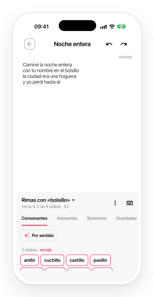 Panel de rimas de la app: rimas consonantes agrupadas por sílabas, las que encajan primero, y el contador de sílabas del verso.
