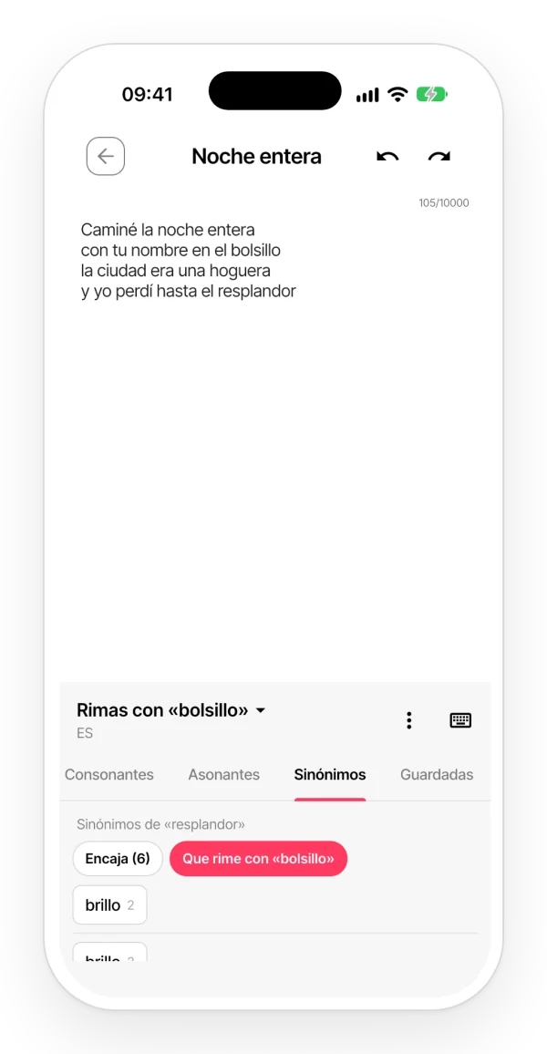Sinónimos de una palabra de la letra en la app, filtrados para que solo salgan los que riman con el verso pareja.