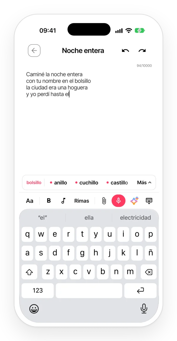 Nota con una letra en la app de Zoundroom y, encima del teclado, la fila de rimas para el verso que necesita pareja, con las que encajan en la métrica marcadas con un punto.