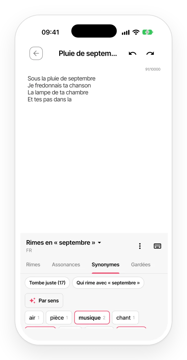 L'onglet Synonymes du panneau de rimes, avec les filtres pour ne garder que les synonymes qui tombent juste ou qui riment avec le vers.
