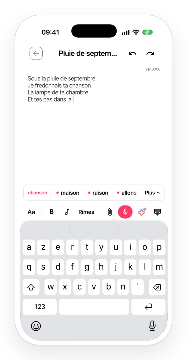 Des paroles en cours d'écriture dans l'app, avec la rangée de rimes au-dessus du clavier : des mots qui riment avec le vers à compléter, et un point sur ceux qui tombent juste dans la métrique.
