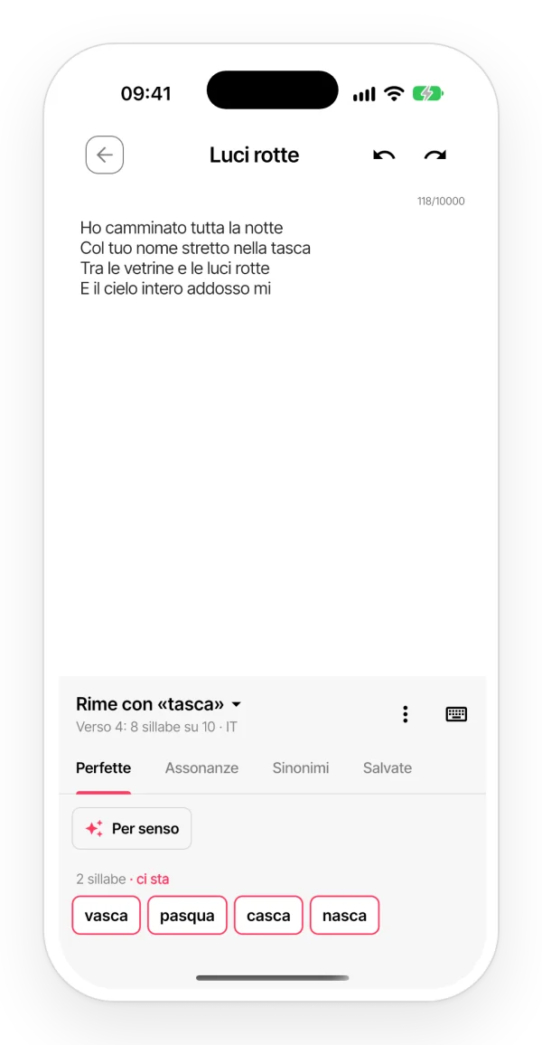 Pannello delle rime dell’app al posto della tastiera: rime perfette raggruppate per sillabe, quelle che stanno nel verso segnate e il conteggio delle sillabe del verso.