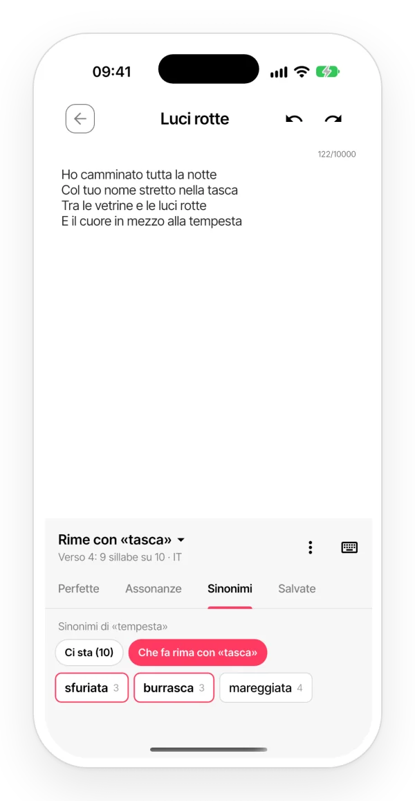 Scheda Sinonimi del pannello delle rime, con il filtro che mostra solo i sinonimi che fanno rima con il verso da completare.