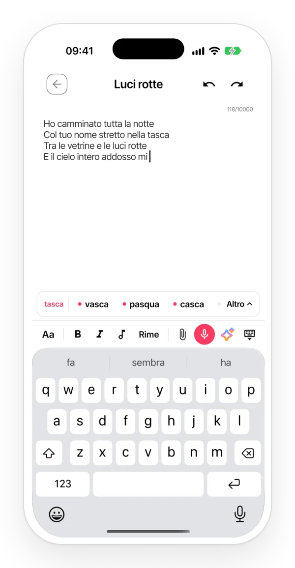 Un testo che si sta scrivendo nell’app, con la fila di rime sopra la tastiera: parole che fanno rima con il verso che aspetta la sua rima e un punto su quelle che stanno nella metrica.