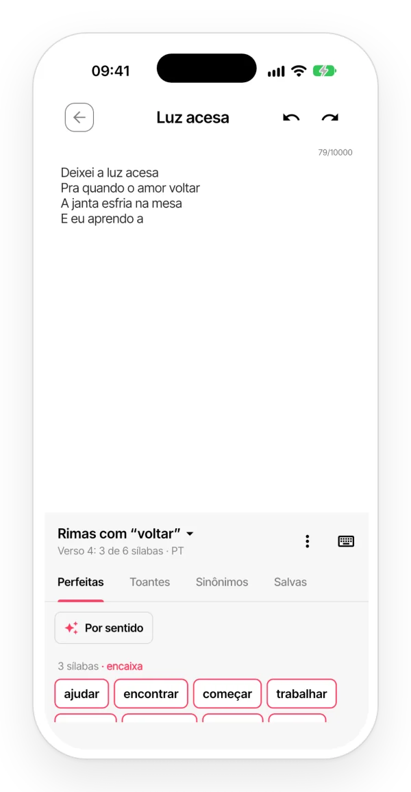 Painel de rimas do app no lugar do teclado: rimas perfeitas agrupadas por sílabas, as que cabem no verso marcadas e a contagem de sílabas do verso.