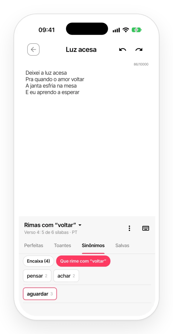 Aba Sinônimos do painel de rimas, com o filtro que mostra só os sinônimos que rimam com o verso par.