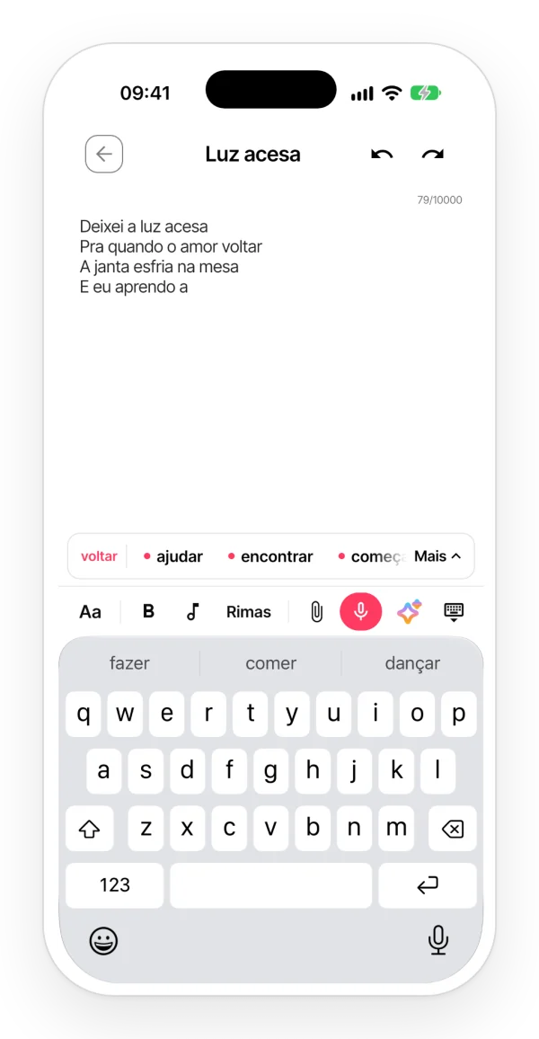 Uma letra sendo escrita no app, com a fileira de rimas acima do teclado: palavras que rimam com o verso par e um ponto nas que cabem na métrica.