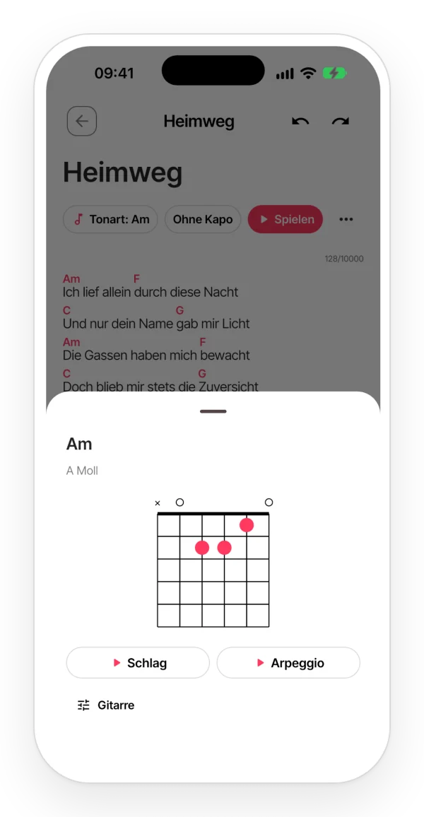 Die Karte eines Akkords in der App, mit dem Griffbild auf der Gitarre und den Knöpfen, um ihn angeschlagen oder als Arpeggio zu hören.