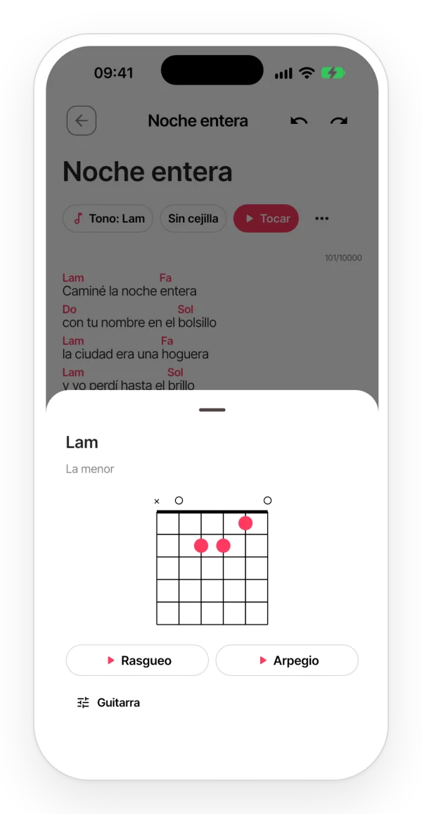 Tarjeta de un acorde en la app: el nombre completo, su posición en el mástil de la guitarra y los botones para oírlo.