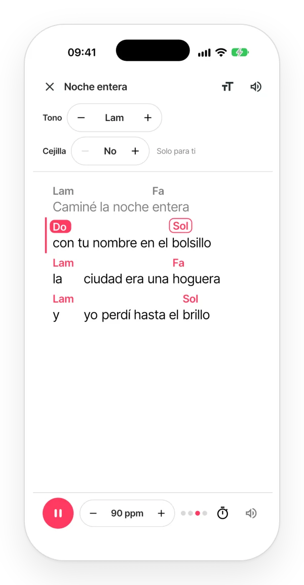 Modo tocar de la app: la letra en grande con los acordes y el acorde que suena resaltado mientras la progresión avanza al tempo.