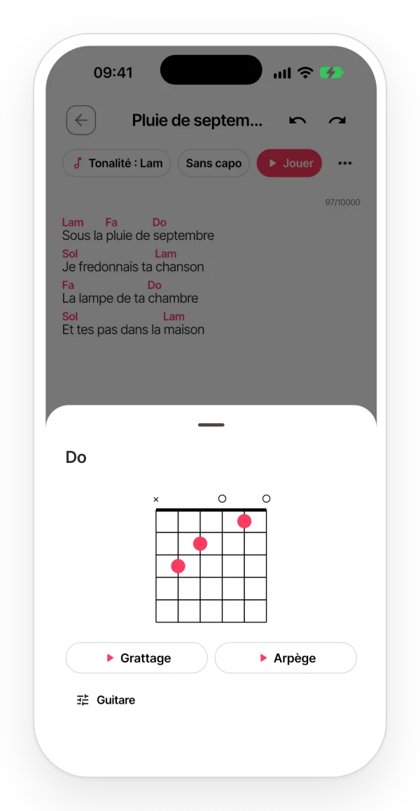 La fiche d'un accord dans l'app, avec sa position sur la guitare et les boutons pour l'écouter en grattage ou en arpège.