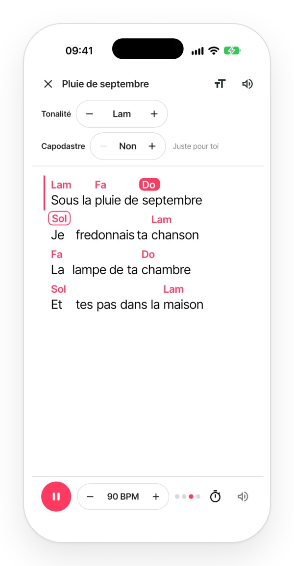 Le mode Jouer de l'app : les paroles en grand avec les accords, l'accord qui sonne mis en avant, le suivant signalé et le tempo en bas.