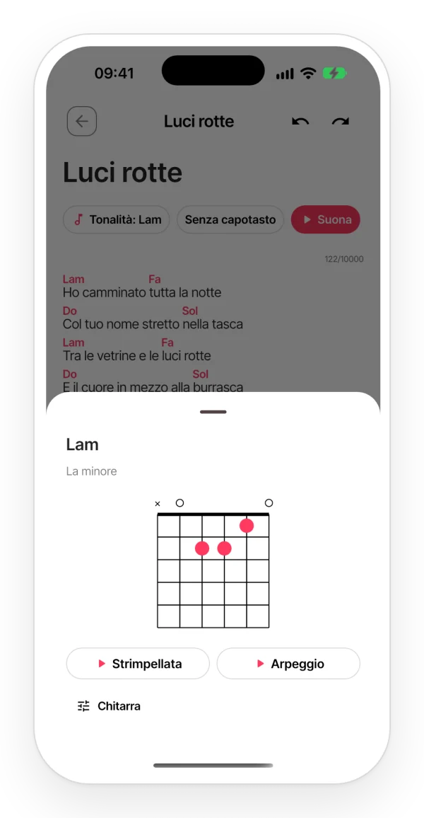 Scheda di un accordo nell’app, con la posizione sulla chitarra e i pulsanti per ascoltarlo strimpellato o arpeggiato.