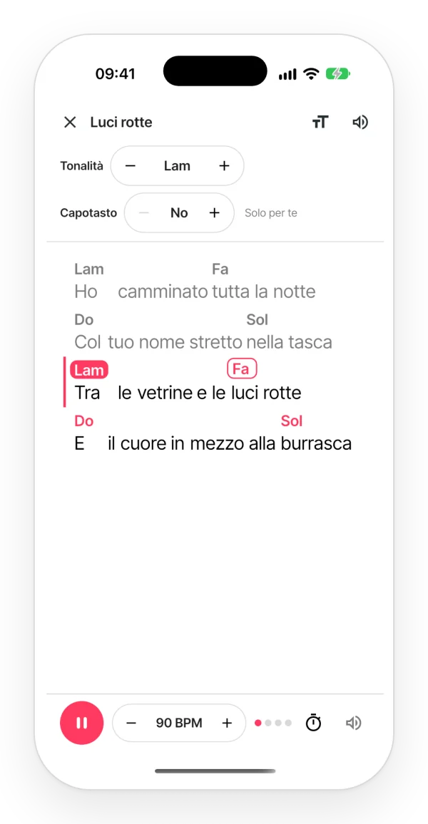 Modalità Suona dell’app: il testo grande con gli accordi, l’accordo che sta suonando evidenziato, il prossimo segnato e il tempo in basso.
