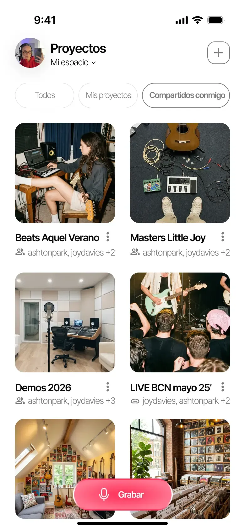 Ecrã principal da Zoundroom com projetos musicais partilhados